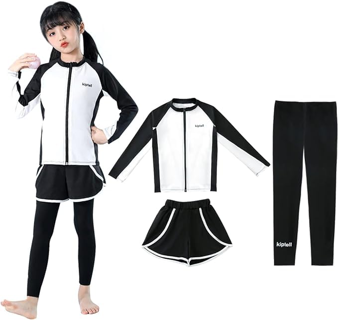 【送料無料】[WindTour] 水着 女の子 セパレート スクール水着 女子 上下セット 子供 キッズ ラッシュガードセット スイムウェア ガールズ セパレート【長袖ラッシュガード +レギンス＋ショートパンツ】UVカット 130 140 150 160 (160/6XL, ファスナー付き-ホワイト)