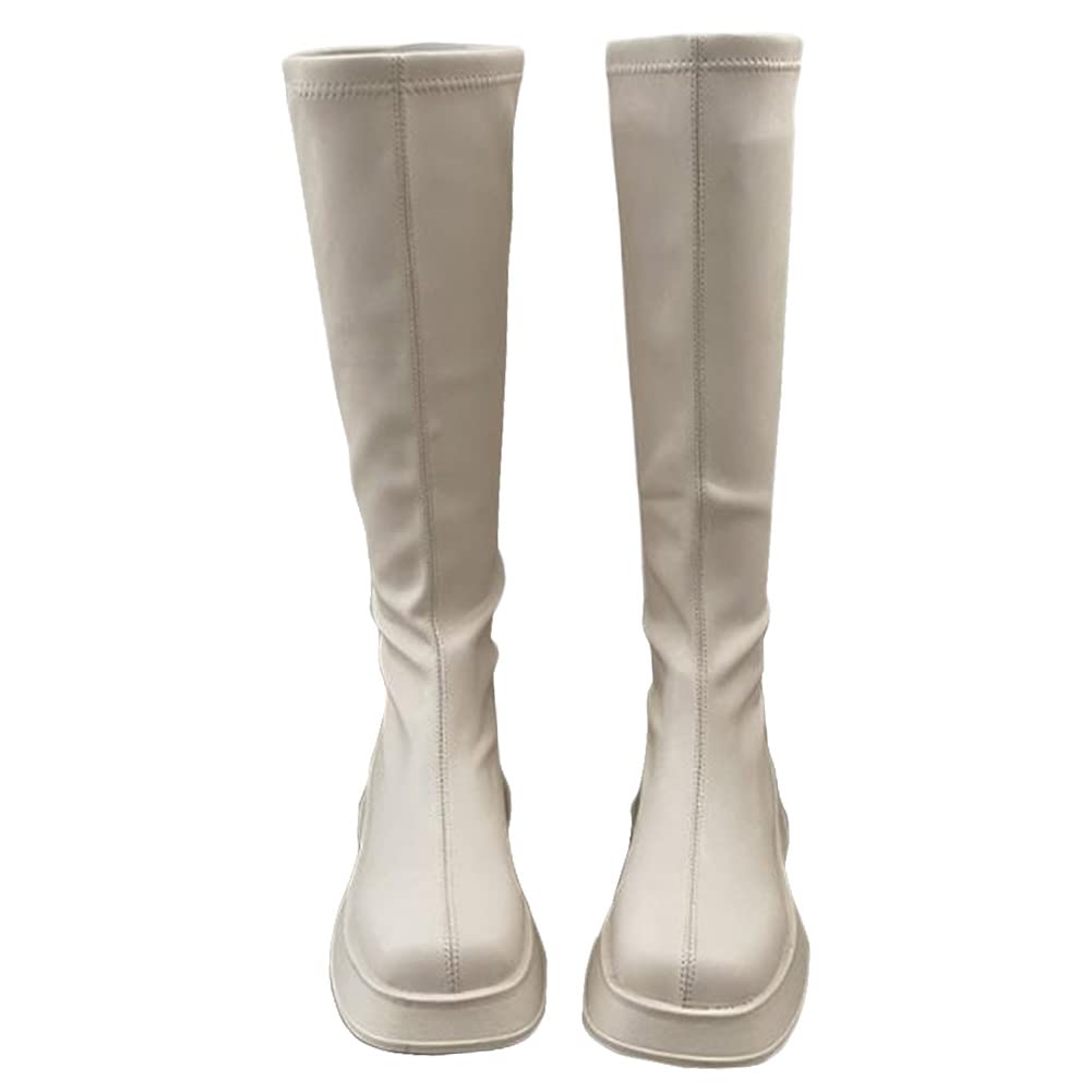 【送料無料】[Guoyupika] ロングブーツ レディース 厚底 黒 白 トラックソール スクエアトゥ ロング丈 ..