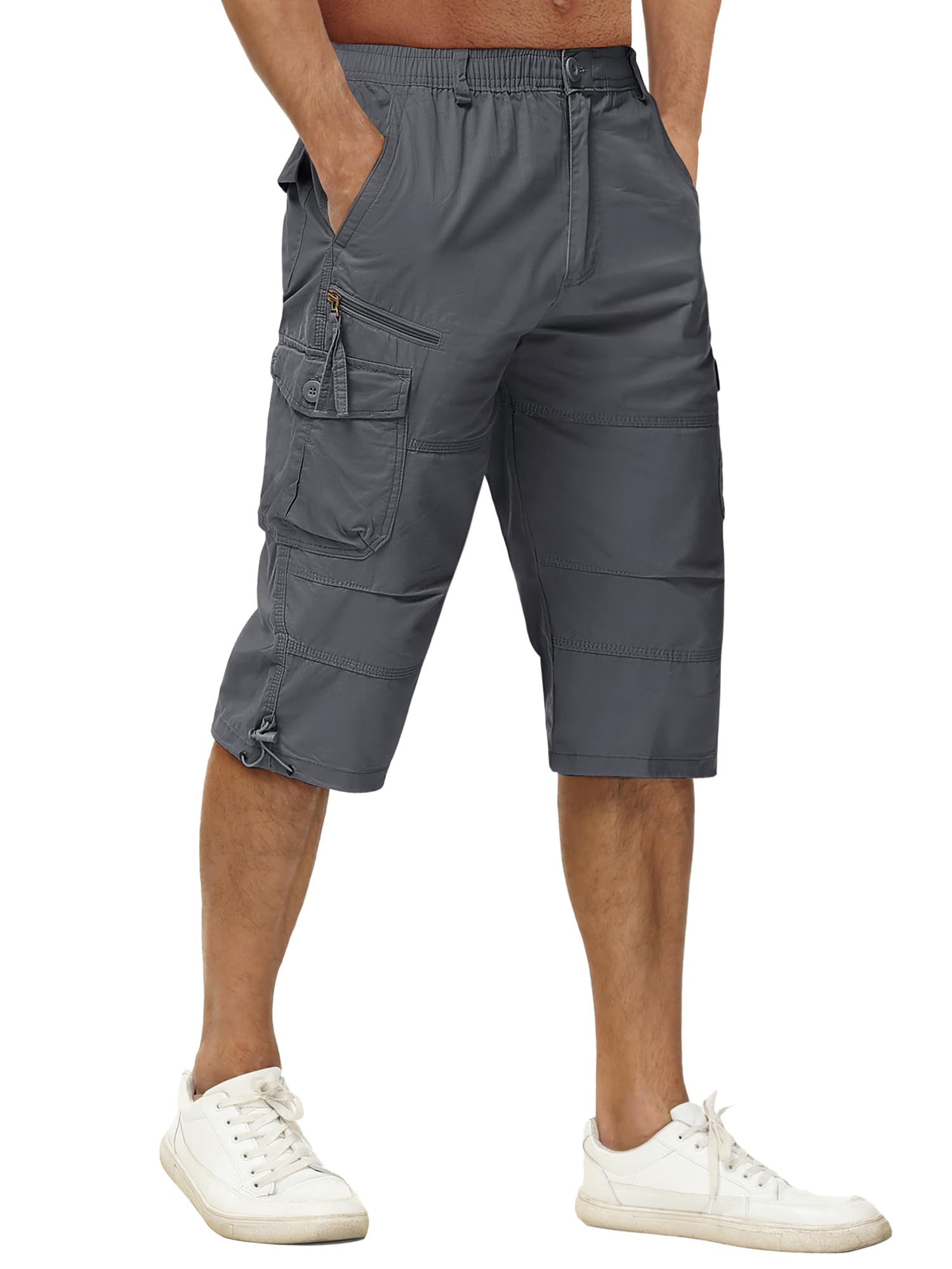 【送料無料】[TACVASEN] クロップドパンツ メンズ 多機能 カーゴパンツ 七分丈 無地 ミリタリー パンツ ゆったり 半ズボン おしゃれ 夏用 仕事着 作業着 グレー M