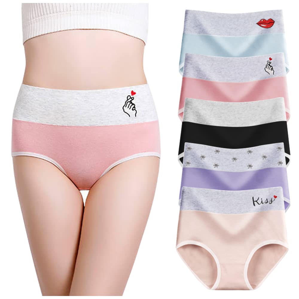 【送料無料】[HINICE] ハイウェスト ショーツ レディース 深め 刺繍 下着 綿コットン100% パンツ お腹まで包む ヒップ立体構造ライン 補正下着 脚ぐりゴム無し 冷え対策 食い込み無し パステルカラー 5枚セット (L, 5color)