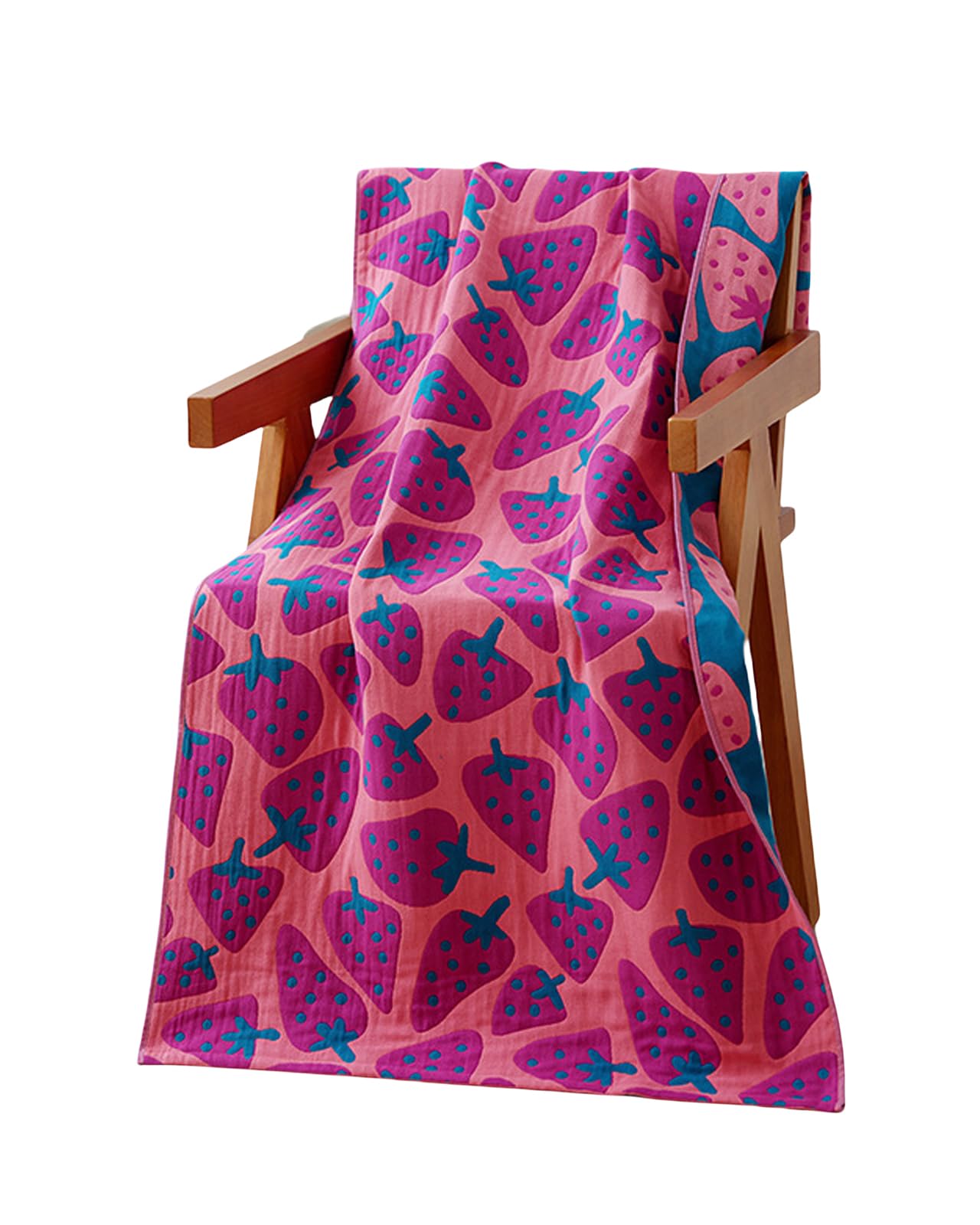 【送料無料】Tibemiガーゼバスタオル ふわふわ バスタオル 大判 可愛い綿沐浴ガーゼタオル 吸水・速乾タオル 浴用タオル プールタオル 温泉タオル バスタオル 業務用 毛羽落ちしないバスタオル 通気性肌触り70*140cm-ピンクのイチゴ（三層綿ガーゼ）