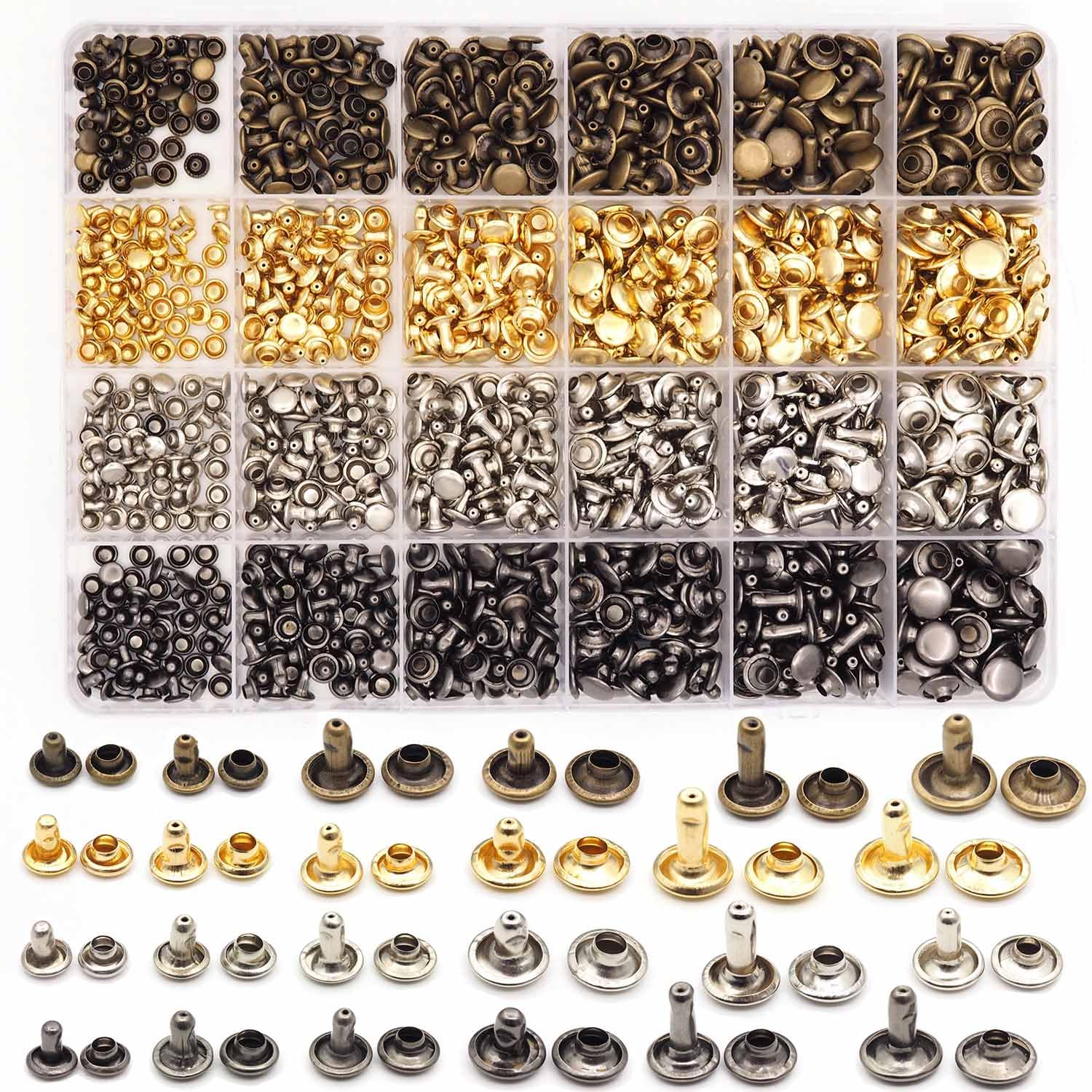 【送料無料】Hymyily 600組 5*5mm 6*6mm 7*7mm 8*6mm 8*10mm9*9mm リベット ジーンズ デニム バネホック クラフト ボタン 底鋲 打ち具セット カシメセット 革穴あけ ポンチ DIY 手芸 布革細工 洋服、靴、バッグ、ベルト、ジーンズ アクセサリー 修理用 装飾用具 丸形 4色