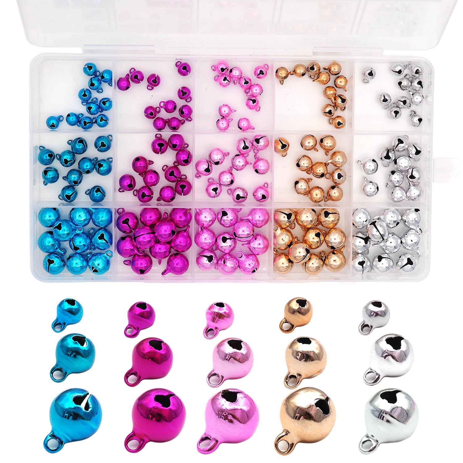【送料無料】Hymyily 150個入 銅製の鈴 デンベル 手芸用鈴 表面ブライト 3サイズ5色 装飾用ベル 休日クリスマスの装飾 DIY手芸用素材 (6mm＆8mm＆10mm, ブルー＆パープル＆ピンク＆ゴールド＆シルバー)