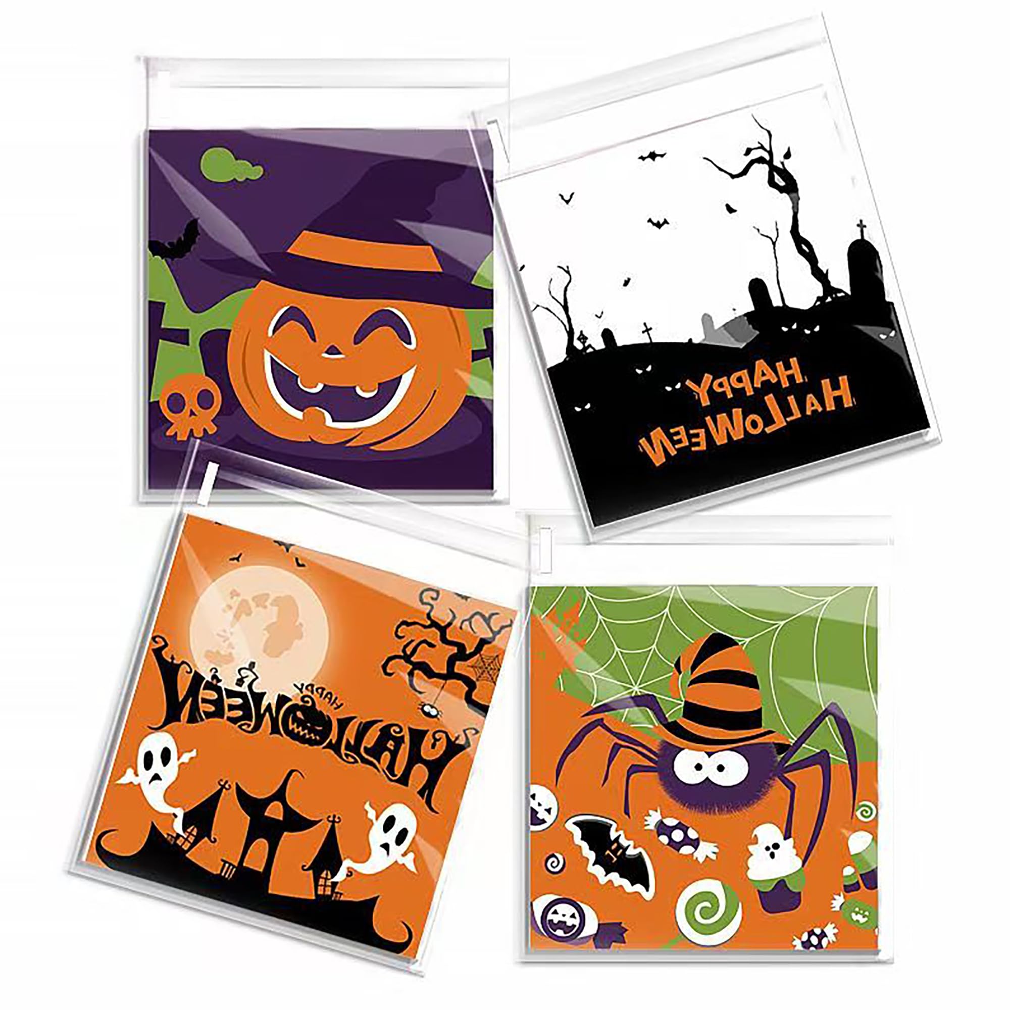 【送料無料】DEVENTORZ OPP 袋 ハロウィン 100個 ラッピング 袋 自粘着バッグ 個包装袋 DIY/手作り袋 ギフトバッグ 粘着テープ付き クッキー チョコ 製菓用品 ベーキング包装用袋 （ハロウィン 4柄ミックスセット 10×10 +3cm）