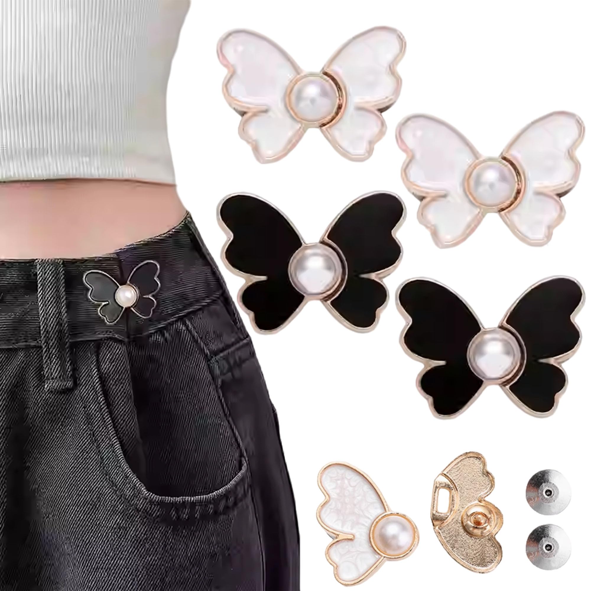 【送料無料】DEVENTORZ ウエスト調整ボタン 4個セット 蝶型デザイン リベット付き 縫い目なし 取り外し可能 ジーンズ パンツ スカート用 ウエストアジャスター 調節可能 金属ボタン 交換用 DIY (シンプル款)