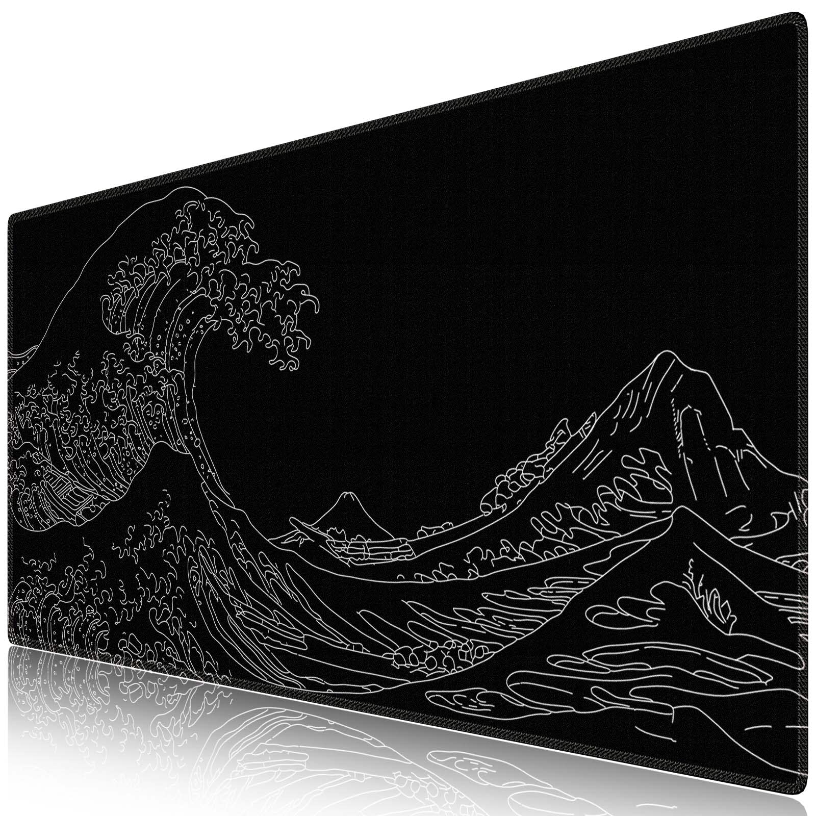 【送料無料】iCasso マウスパッド ゲーミング 大型 デスクマット90x40cm 耐水性 清潔しやすい 滑り止め ゴムベースデスクマット 仕事 ゲーム オフィス ホーム用（神奈川沖浪裏・ホワイトライン）