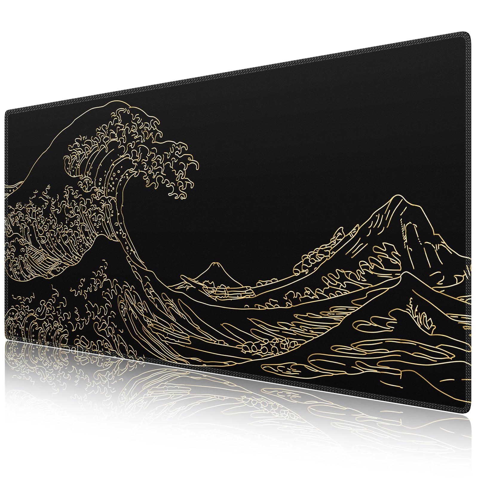 【送料無料】iCasso マウスパッド ゲーミング 大型 デスクマット90x40cm 耐水性 洗える 滑り止め ゴムベースデスクマット 仕事 ゲーム オフィス ホーム用（神奈川沖浪裏・ゴールドライン）