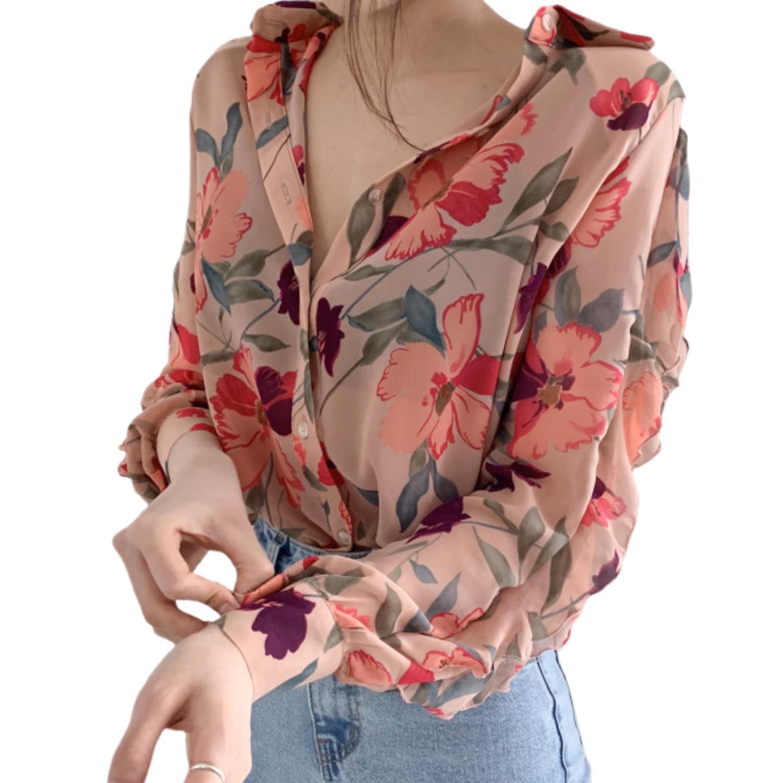【送料無料】[Narebualo Cietupoop] シャツ レディース トップス 長袖 Vネック 開襟 ボタニカル柄 ボタン止め 薄手 通気性 快適 ファッション エレガント 大きいサイズ 立ち襟 着痩せ 体型カバー 通勤 ゆったり きれいめ 成熟した 秋冬