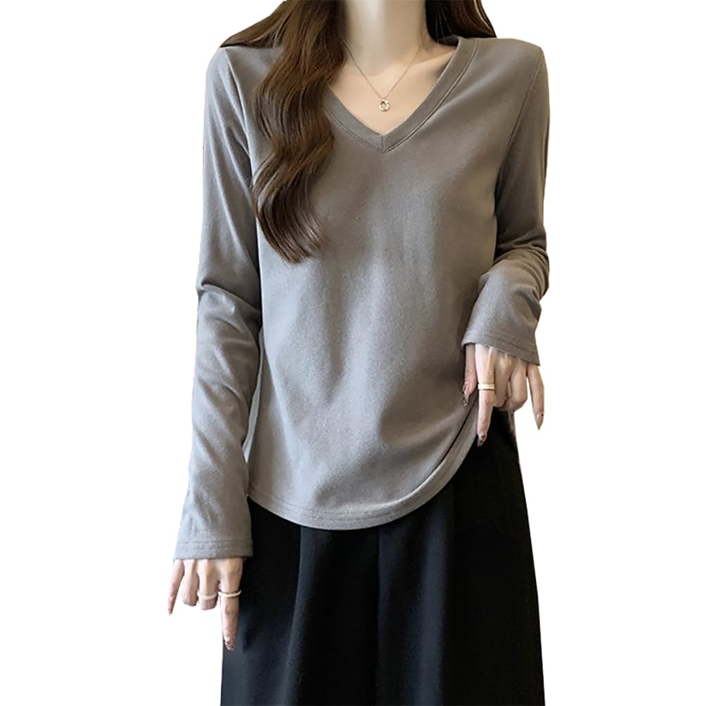 【送料無料】[SANYIN] 長袖 tシャツ レディース Vネック カットソー 綿 無地トップス おしゃれ 韓国ファッション (L, グレー)