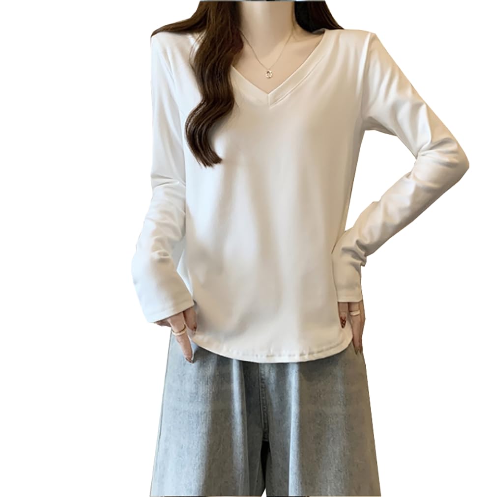 【送料無料】[SANYIN] 長袖 tシャツ レディース Vネック カットソー 綿 無地トップス おしゃれ 韓国ファッション (L, ホワイト)