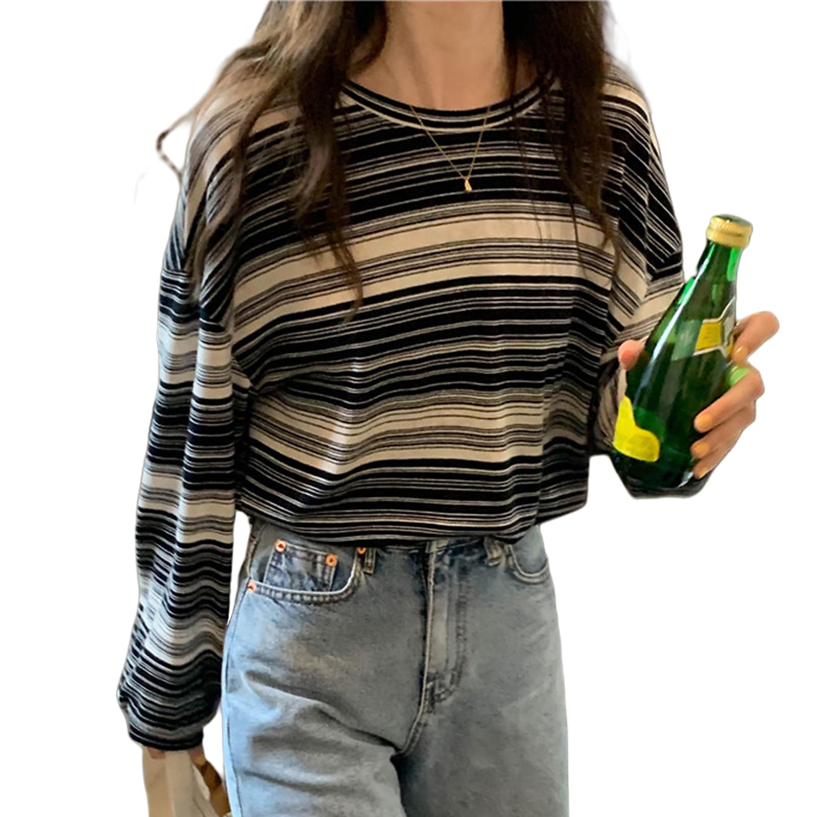 【送料無料】[Guooryvner] tシャツ レディース トップス ストライプ 大きいサイズ ゆったり カットソー ティーシャツ きれいめ ファッション かわいい クルーネック 長袖 カジュアル シンプル 体型カバー 可愛い おしゃれ 通勤 普段着 韓国 春 秋