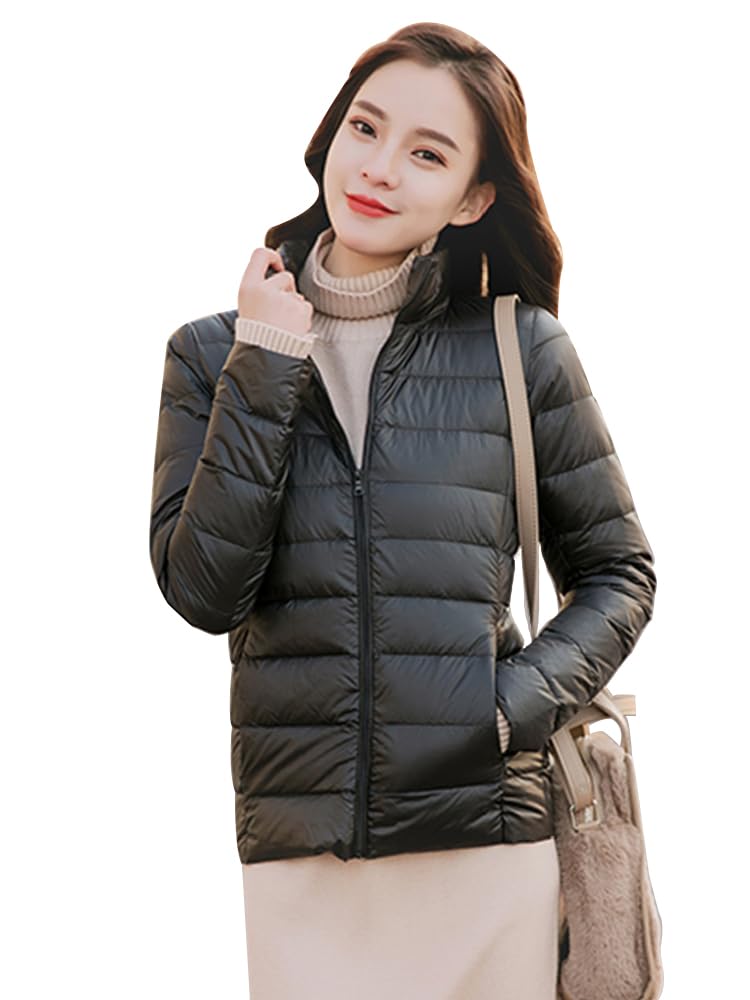 【送料無料】WOFOSY ダウンジャケット レディース 軽量 ライトダウンジャケット 暖かい 防風 ウルトラライト カジュアル 通勤 旅行 収納袋付き 春秋冬 SY207 (JP, アルファベット, S, ブラック)