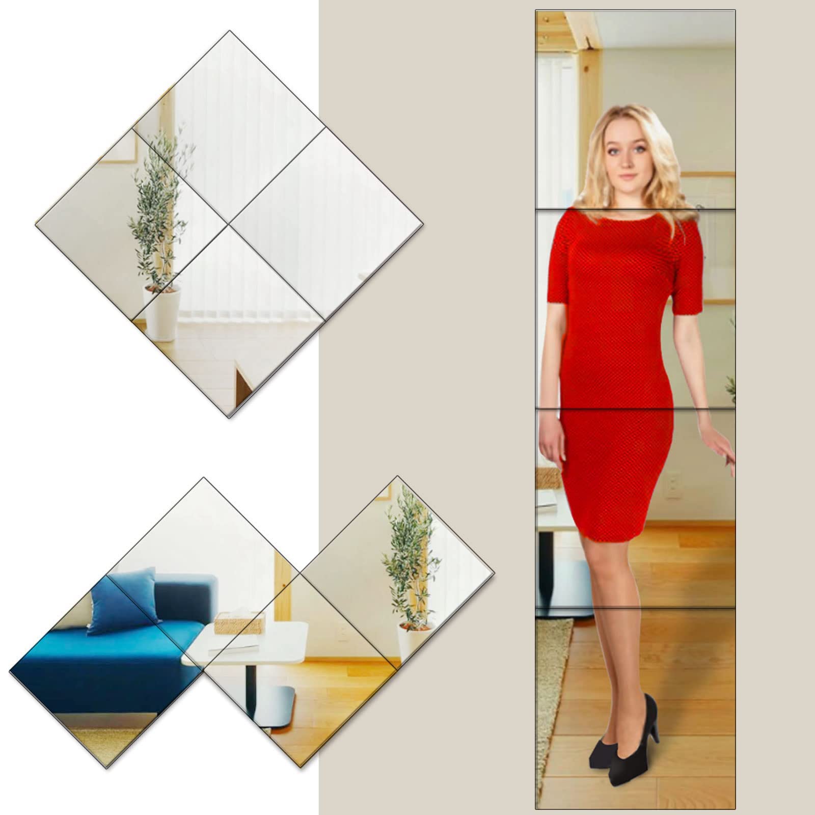 【送料無料】Telarana 全身鏡 姿見鏡 貼り付け 3Mテープ付き 銀メッキ 割れない鏡 飛散防止 歪みない 30 x 30 cm 4 枚セット