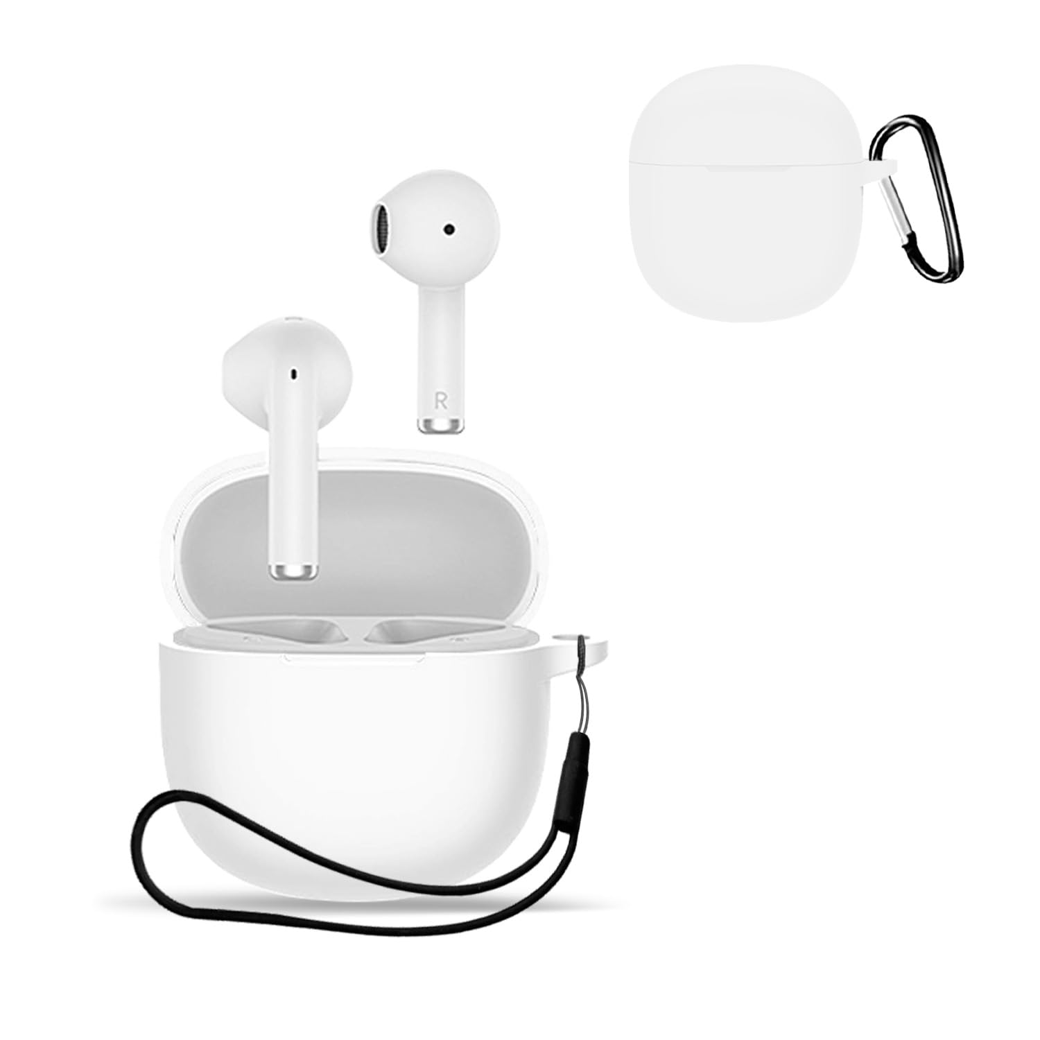 【送料無料】For QCY Ailybuds lite 用 ケース カバー 【KONXISA】ワイヤレスイヤホン ケース シリコン素材 着用しやすい 耐衝撃 防水防塵 ウォッシャブル（カラビナ付き+ストラップ付き ） 装着充電可能 持ち運びがしやすい（ホワイト）