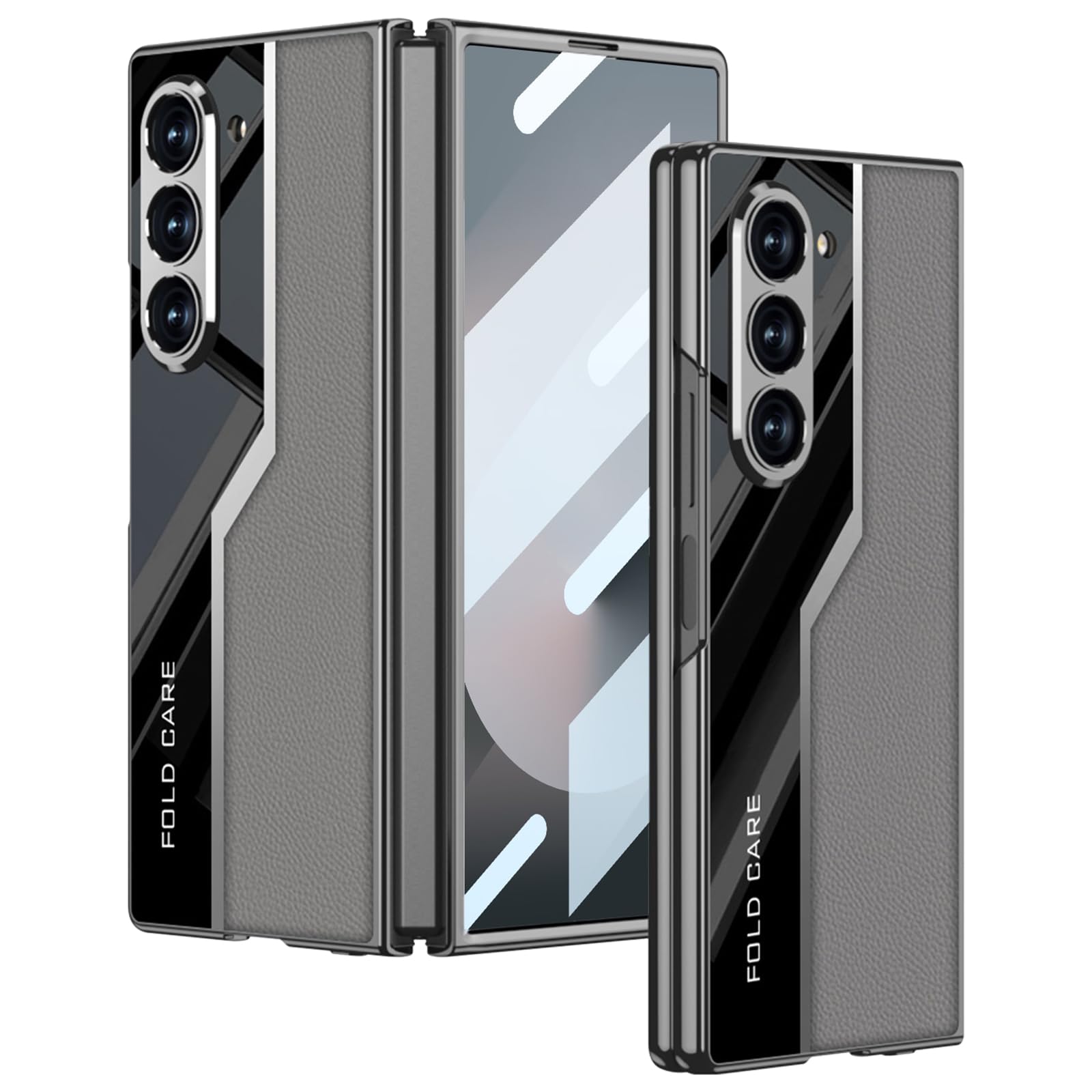 【送料無料】For Galaxy Z Fold6 ケース ヒンジ保護 メッキ＆レザー素材 ギャラクシー Z Fold6 用 スマホケース Greerass 一体型スクリーンフィルム カメラレンズ保護 耐衝撃 ワイヤレス充電対応 軽量 薄型 おしゃれ 人気 (グレー）