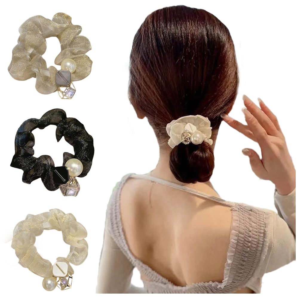 【送料無料】FASELE ヘアゴム 髪ゴム シュシュ 細め パール付き 華やか キラキラ ヘアアクセサリー シンプル サテン 森ガール エレガント 上品さ 髪飾り 女性 高弾性 おしゃれ 日常 通勤 プレゼント 贈り物 （3点セット）