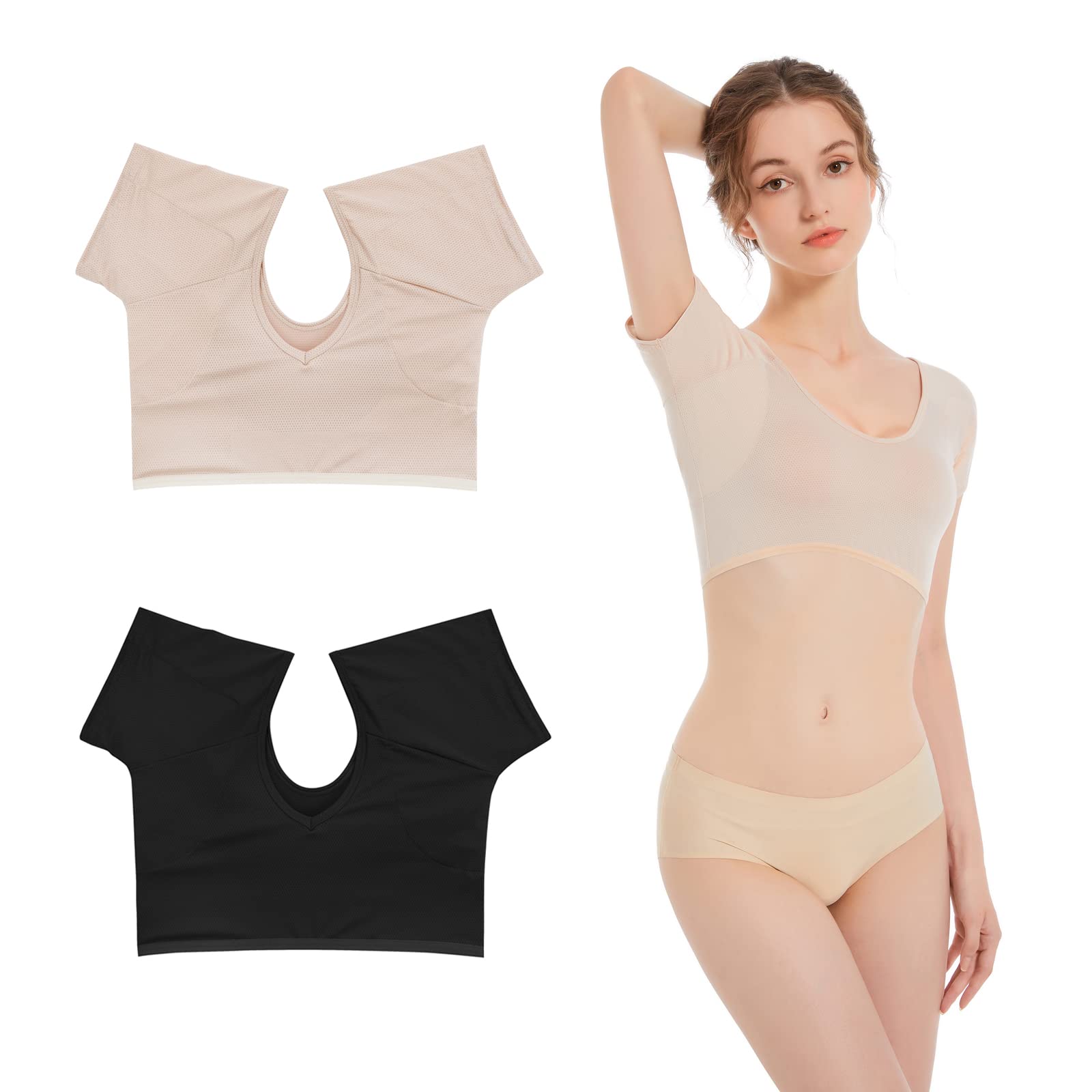 【送料無料】[VAVIICLO] 汗取りインナー ハートネック メッシュ生地 肌色とブラックのベスト 2枚セット サイズL