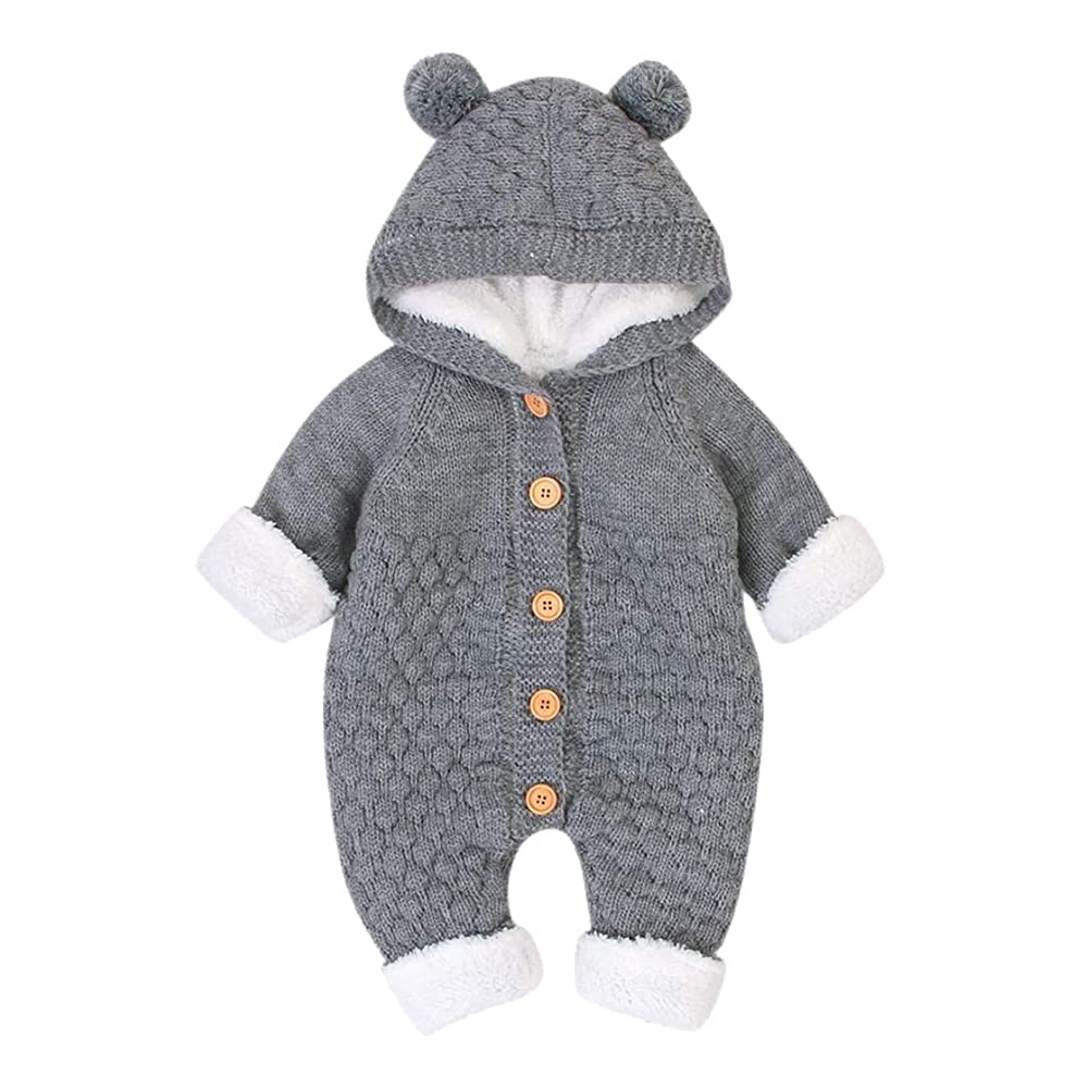 【送料無料】[Mornyray] ベビー服 ロンパース カバーオール ニット 長袖 女の子 男の子 裏ボア 秋冬 フード付き 前開き 赤ちゃん服 可愛い 防寒着 コットン 出産祝い グレー 66