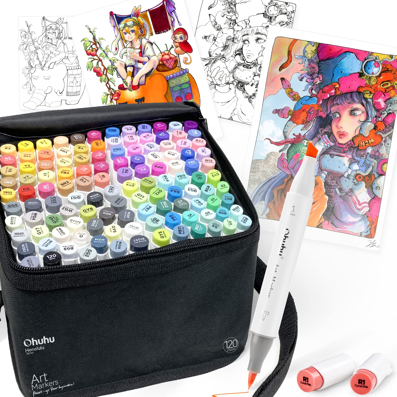 【送料無料】Ohuhu マーカーペン 筆タイプ 120色121本 プロ愛用 イラスト イラストマーカー 筆・太字 ブレンダーペン Honolulu シリーズ