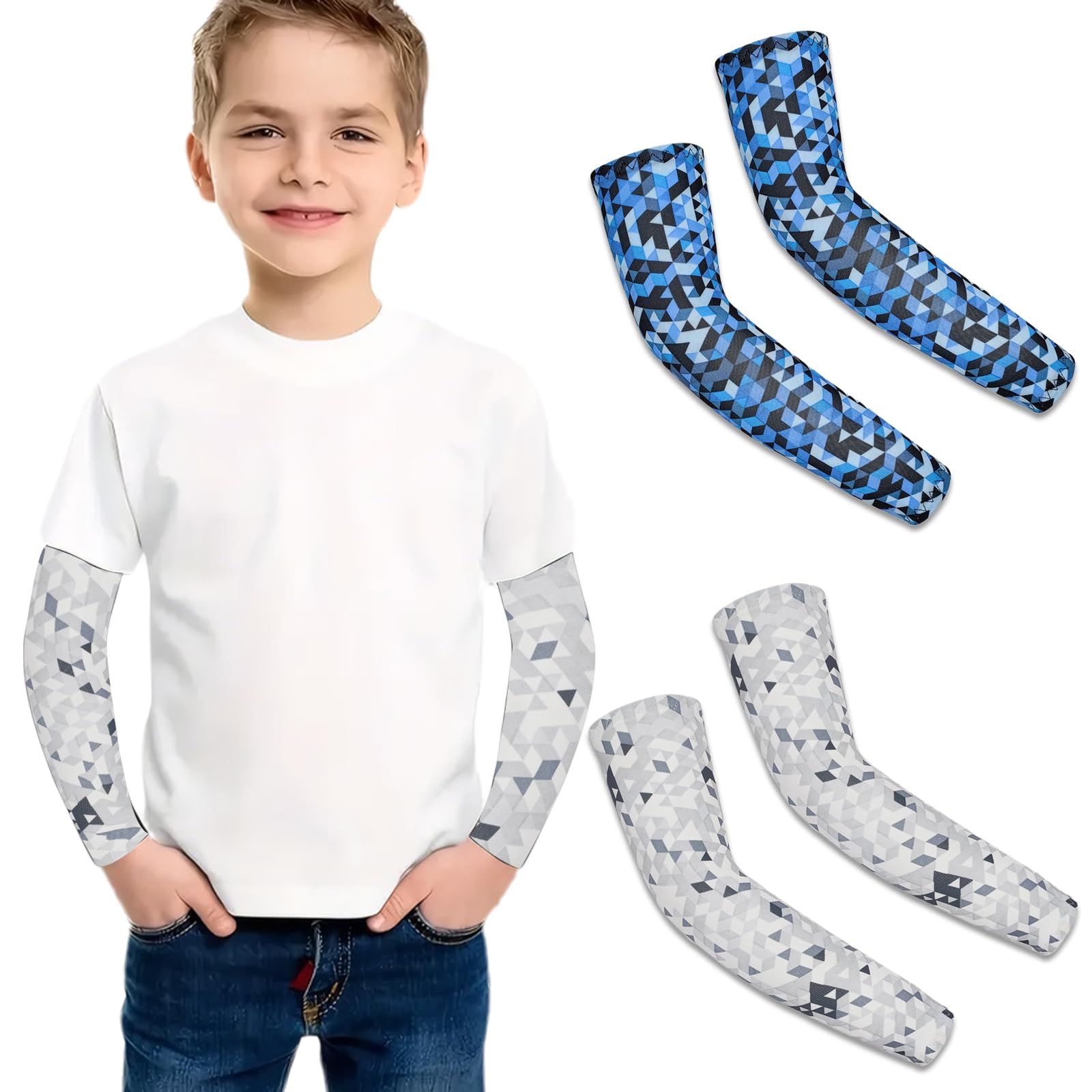 【送料無料】[MAEXUS] キッズ アームカバー 冷感アームカバー (2個セット) UVカットスリーブ 日焼け防止・虫除け 接触冷感 通気性 超薄型 スポーツ用日焼け対策アームカバー 子供用 ユニセックス (S/ブルーチェック/グレーホワイトチェック)