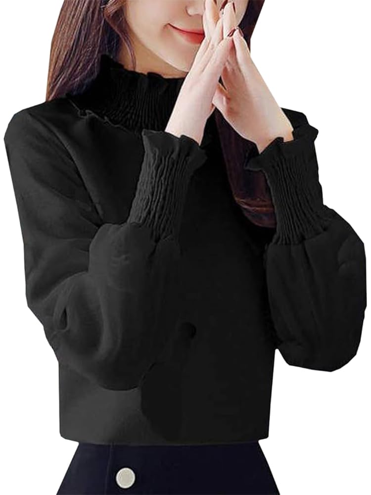 【送料無料】Beylimcy ブラウス レディース フリル ハイネック 長袖 フォーマル トップス 無地 Bey94 (XL, ブラック)