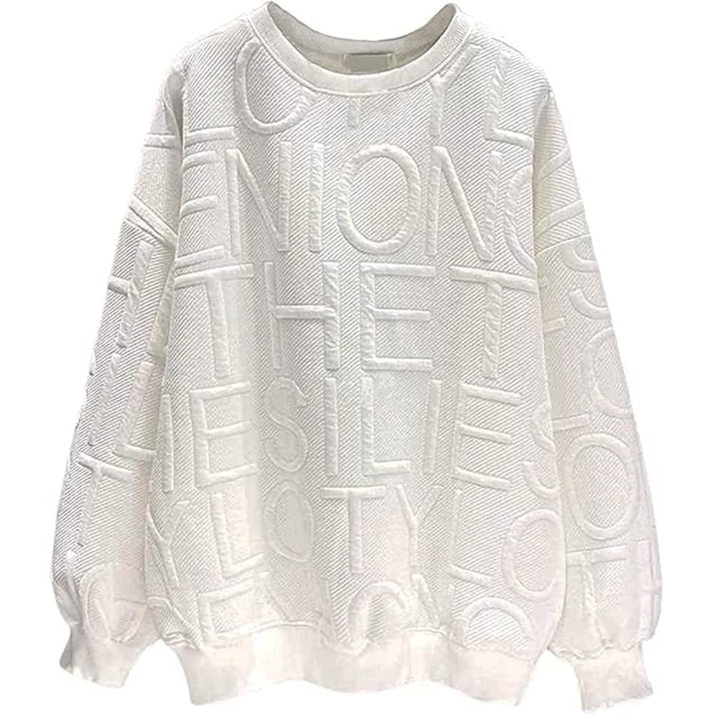 【送料無料】LIYURLTA トレーナー レディース パーカー プルオーバー エンボス加工 長袖 Tシャツ スウェット トップス 英字 カットソー カジュアル かっこいい 春秋冬 LI106 (M, ホワイト)