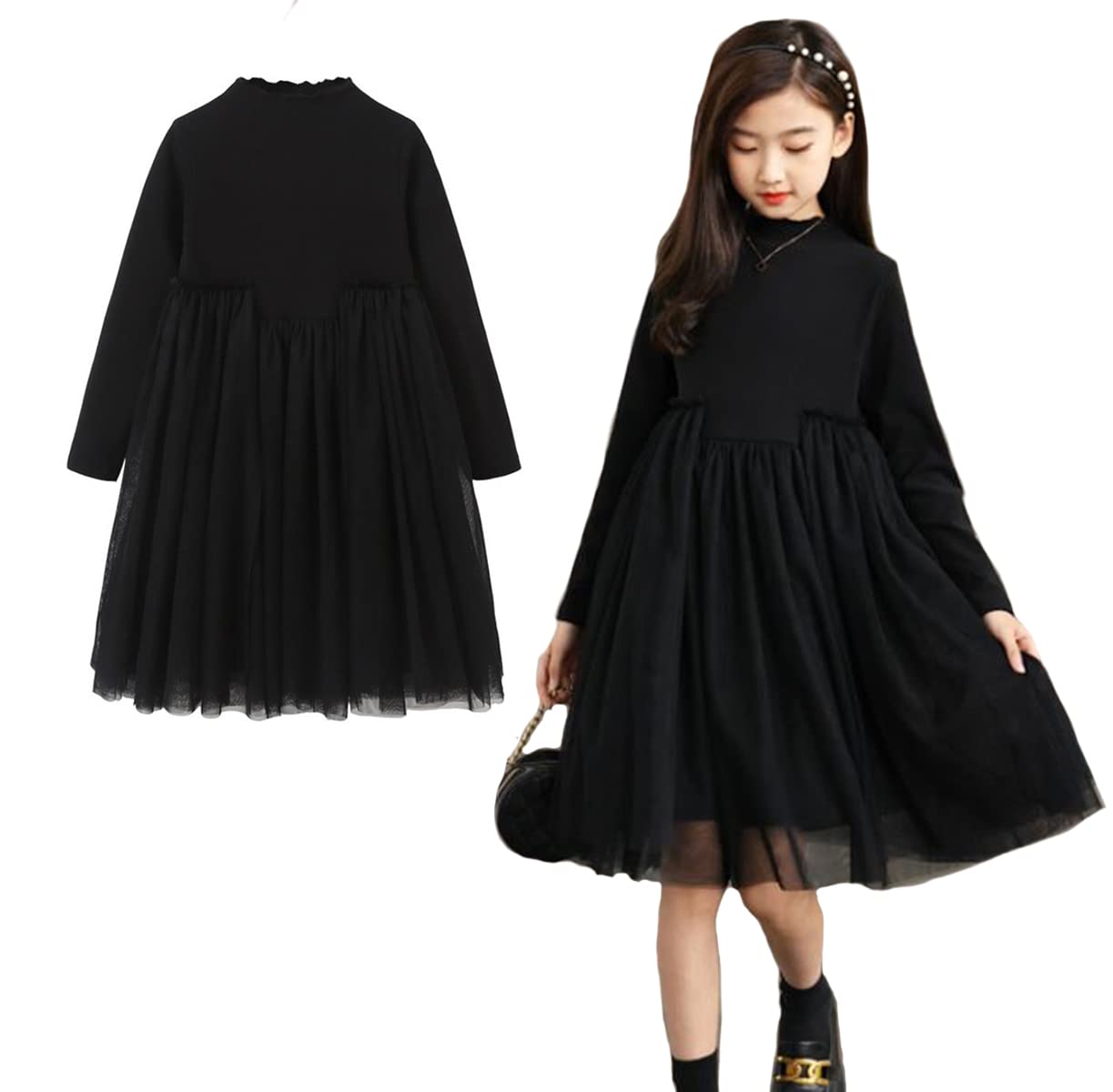 【送料無料】[VIISEN] 女の子 ワンピース 長袖 キッズ 法事 冠婚葬祭 葬服 黒 チュール スカート 子供..