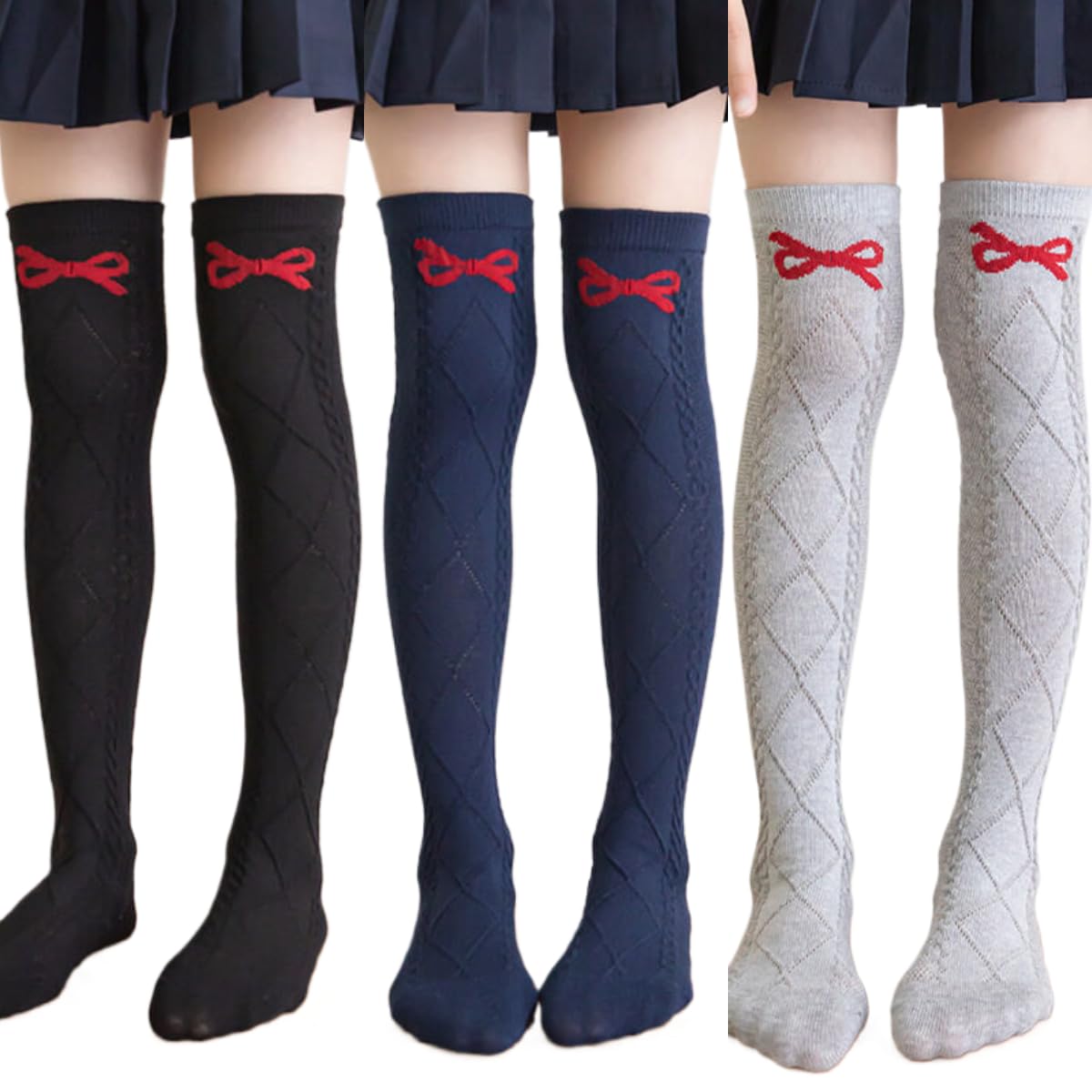 【送料無料】[VOKLLIYU] キッズ 子供靴下 女の子 ソックス 3足セット ハイソックス ガールズ 蝶結びの模様があります 可愛い 伸縮 通気性 シンプル メッシュ シースルーソック 膝丈 通学 卒業式 発表会(1-黒+グレー+ネイビー M)