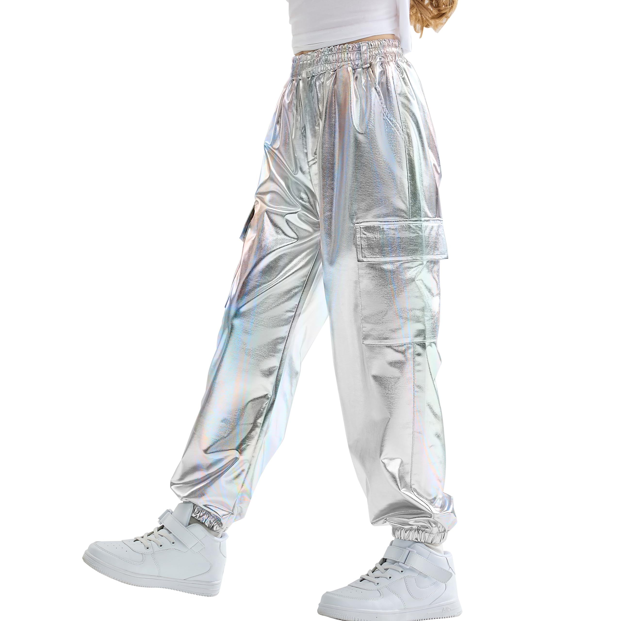 【送料無料】[Rolanko] ダンス パンツ キッズ ダンス衣装 ズボン レザーパンツ 女の子 ロングパンツ カーゴパンツ キラキラ シルバー 150