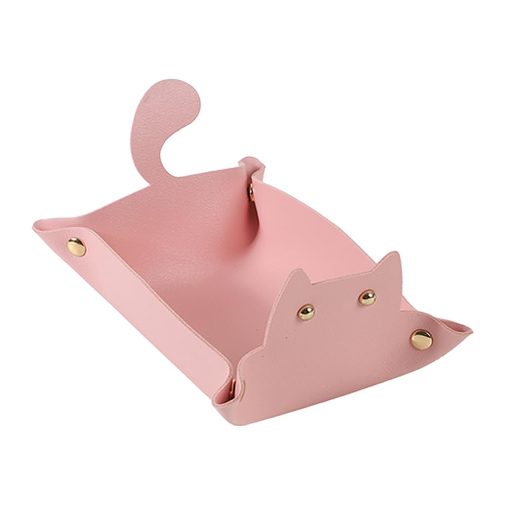 【送料無料】AllBright 小物入れ 卓上 かわいい 猫 ネコ アクセサリートレイ 鍵置き トレー おしゃれ レザートレイ (ピンク)