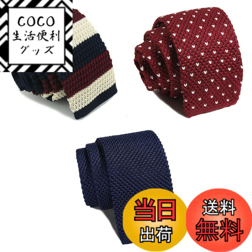 【送料無料】[Dizegn] ニットタイ ニットネクタイ 3本 セット メンズ ボーダー 無地 ドット スーツ ネクタイ おしゃれ ビジネス カジュアル 洗濯可能 (紺/赤 A)