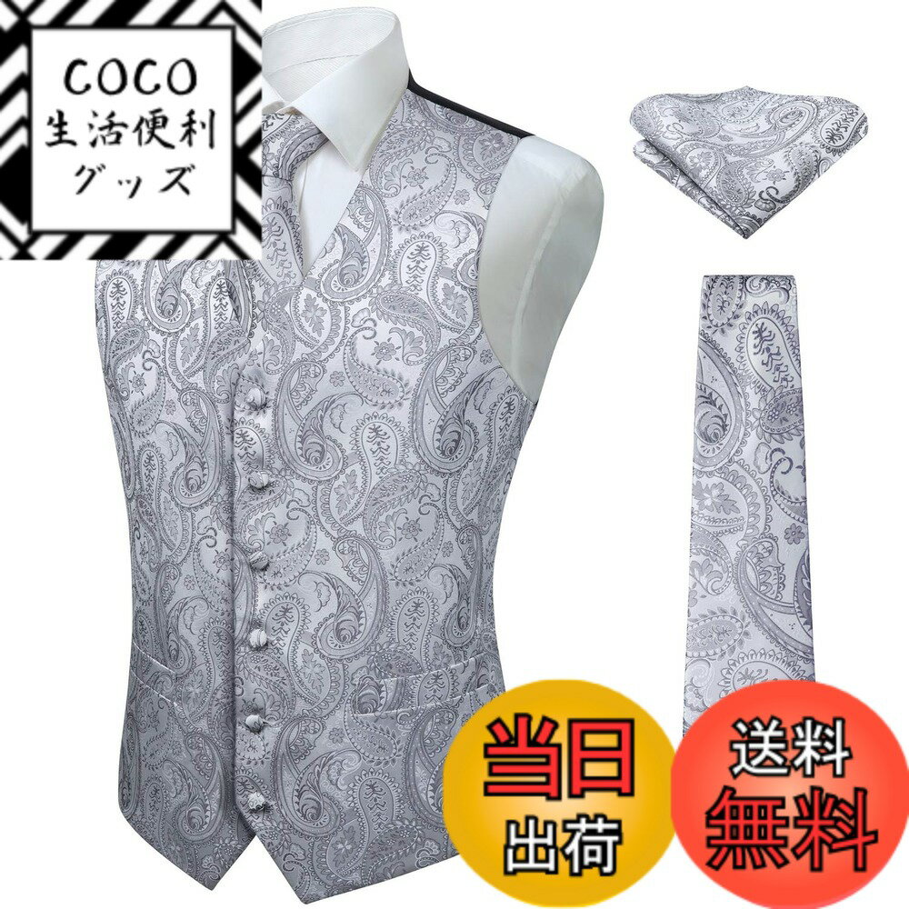 【送料無料】[Enlision] シルバー スーツ ベスト メンズ 結婚式 ベスト ネクタイ 3点セット ペイズリー ビジネス フォーマル 大きいサイズ スリム フィット 紳士 礼服 尾錠付き XL By V3-01