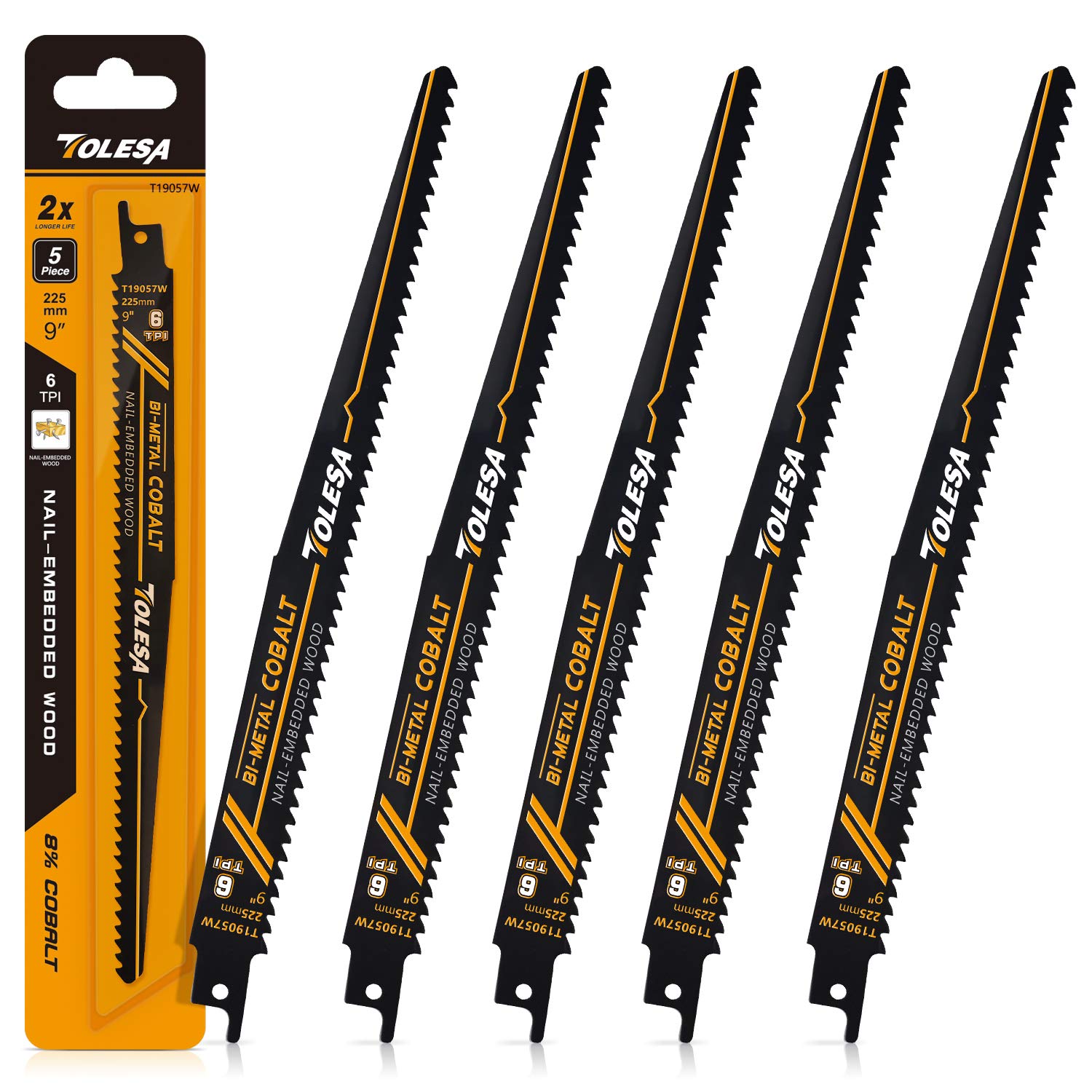 【送料無料】TOLESA レシプロソー替刃 6山 225mm バイメタル コバルト ネイル埋め込み木材切削 セーバーソーブレード 5枚入れ…