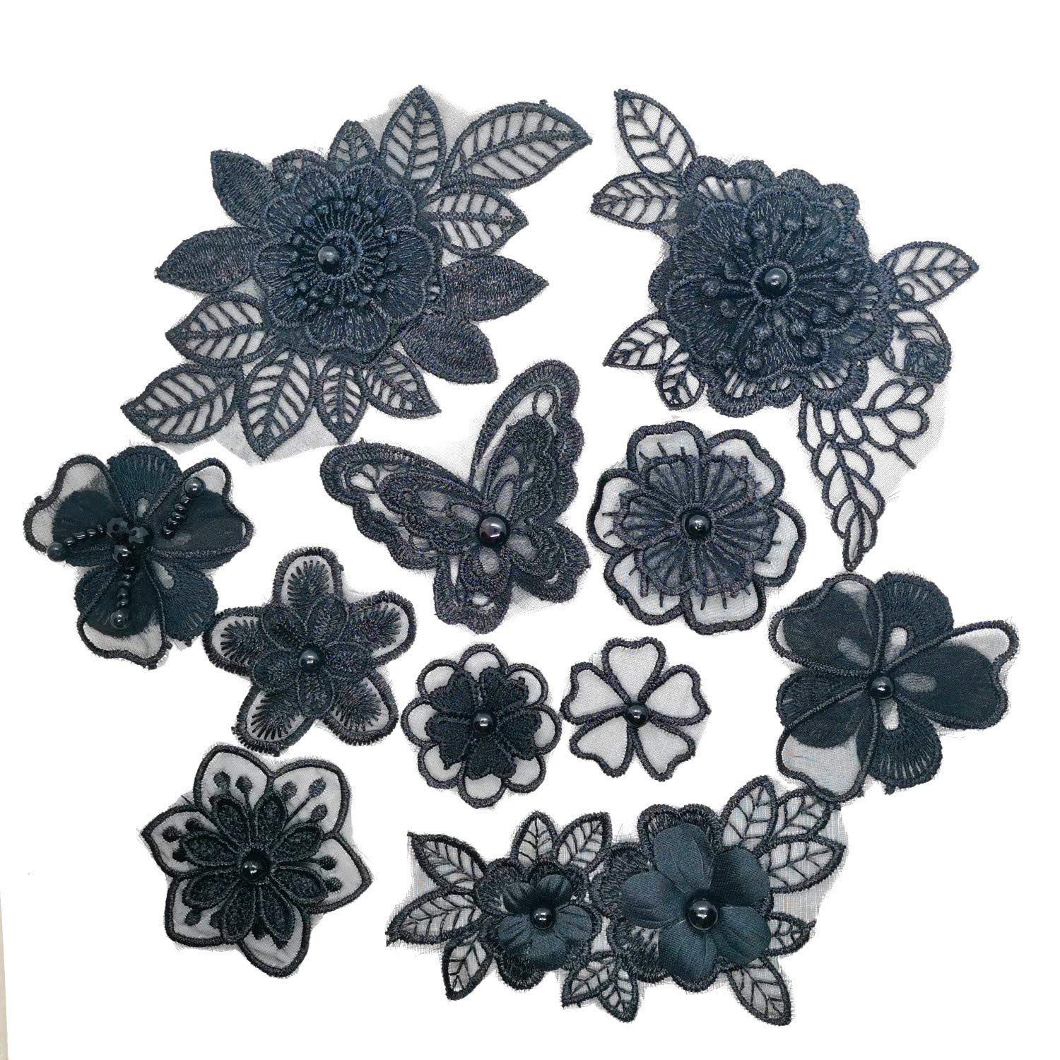 【送料無料】【Wdlife】レース生地 刺繍ワッペンアップリケ花柄 手作り 刺繍花 縫製 DIY 服 工芸品の装飾 パッチ補修 アップリケ モチーフ 黒色 直接に縫い付ける（ブラック11枚セット)