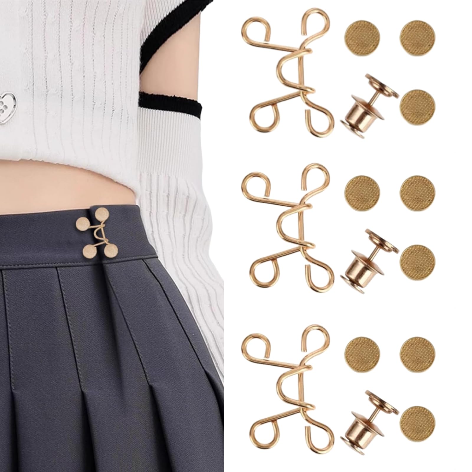【送料無料】[YFFSFDC] ウエスト調整ボタン27mm3セット ジーンズ 調整 リベット付き 縫い目ない ウエストバックル ゆるゆるのジーンズ/ズボン/スカート/Tシャツ/パーカーなどを調節する取り外し可能ボタン 調節可能 交換用 (ゴールド)