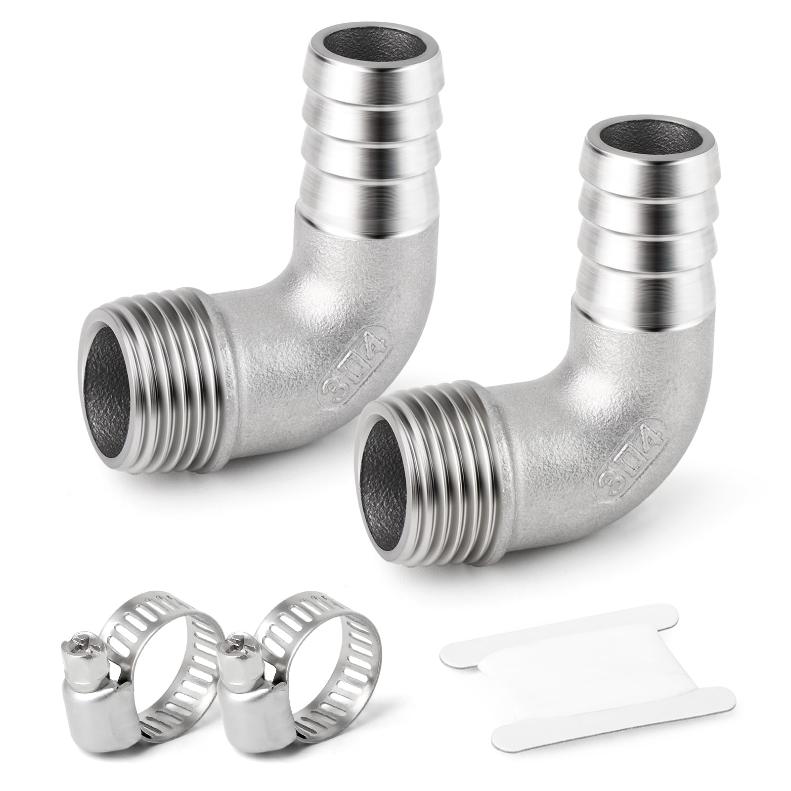 【送料無料】TAILONZ 2個304 鋳造オス・バーブ継手, 1/2PT-14mm 90°エルボバーブ継手ホースクランプ2個付き