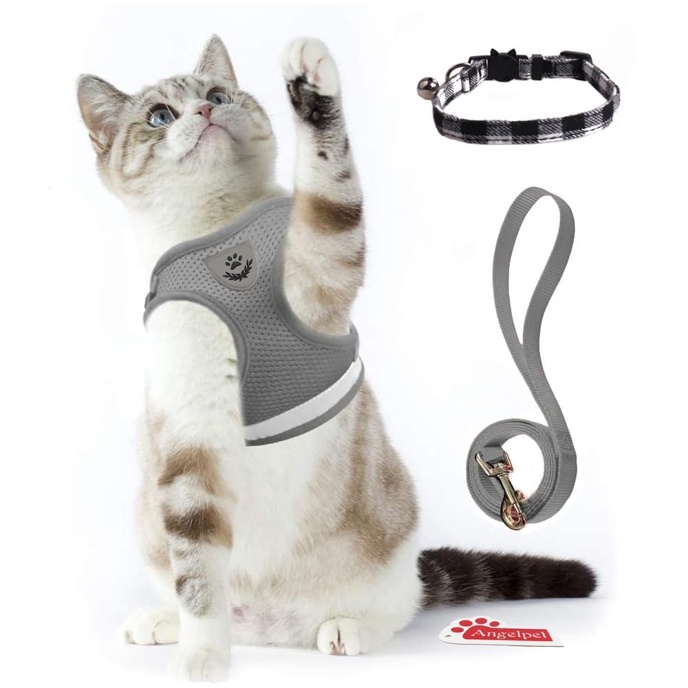 【送料無料】猫 猫用 ハーネス 胴輪 首輪 犬猫兼用 小型犬 ウサギ ソフト胸あて リード付き 抜けない 夜反射 メッシュ 通気性 超軽量 サイズ調節可能 マジックテープ式装着 反射ストライプ付き お散歩用 ポリエステル素材（猫用ハーネス＋猫首輪） (L, グレー)