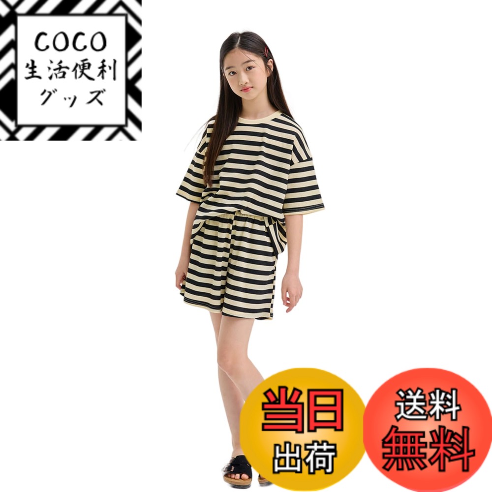 套装 - 【送料無料】[EnDast] MINIROI ボーダー柄 半袖 Tシャツセットアップ 上下2点セット クルーネック 女の子 春夏 旅行 涼しい 軽量 コンパクト おしゃれ かわいい 韓国子供服 110cm 120cm 130cm 140cm 150cm 色：ボーダーブラック、サイズ：140