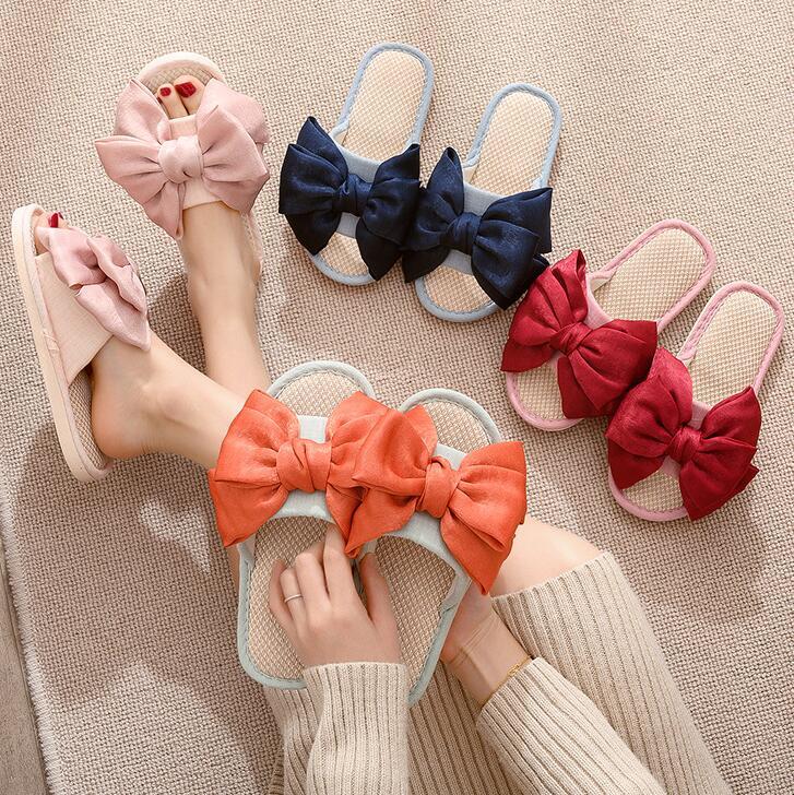 樂天商城 - スリッパ ルームシューズ 夏用 リボン かわいい おしゃれ レディース 涼しい 麻 リネン 軽い 夏 靴 デッキシューズ シンプル 軽量 通気性 来客 メール便 4色 送料無料