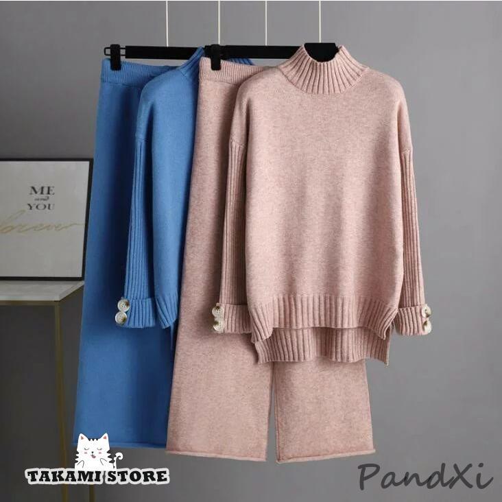 ニット セットアップ ワイドパンツ レディース 秋冬 長袖 ハイネック スリット 春 おしゃれ セーター ..