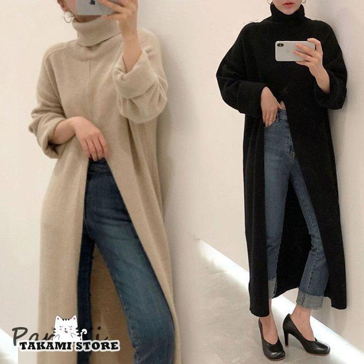 Plain - ニットセーター ニットトップス レディース 秋冬 セーター ハイネック スリット ロング丈 ニットワンピース ひざ下 プルオーバー 韓国風 オシャレ ニット