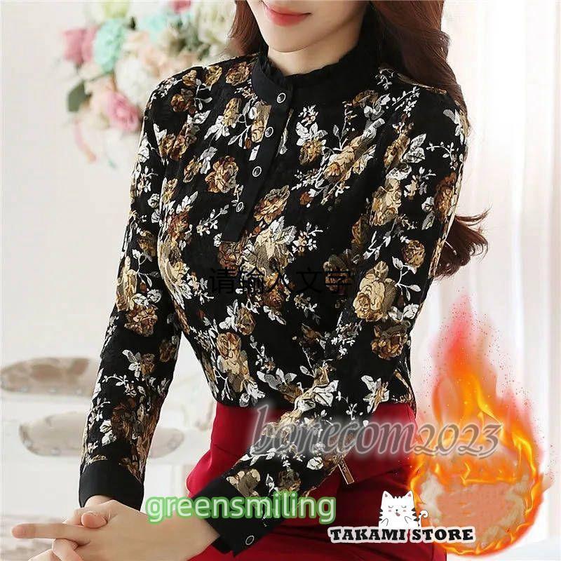 花柄ブラウス レディース 秋冬 トップス フラワー 花柄 裏起毛ブラウス 花柄シャツ スタイル 長袖 プリーツブラウス レースブラウス おしゃれブラウス 立ち襟