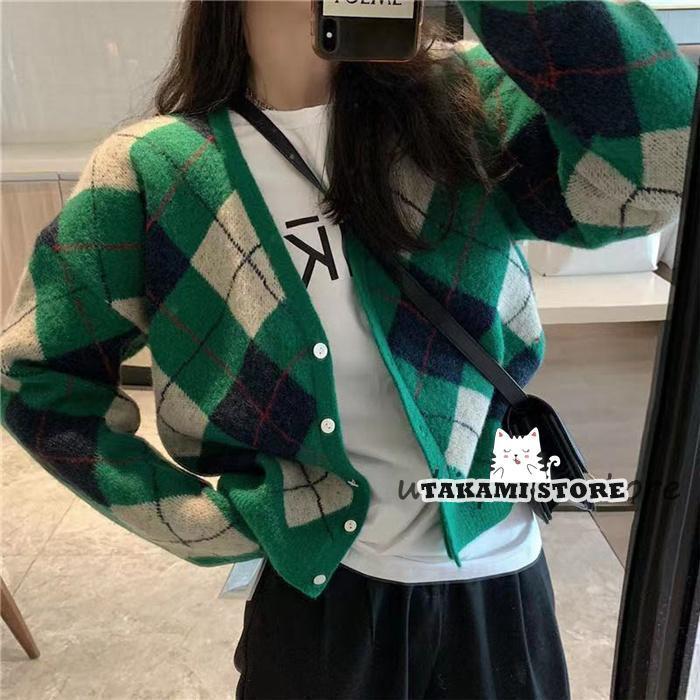 ニットカーディガン レデイエローズ 40代 秋 冬 ショート丈 チェック柄 セーター カーディガン 秋冬 トップス カジュアル 配色 羽織りvネック 通勤 通学 可愛い