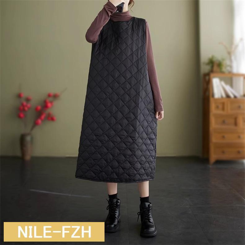 ワンピース レディース 秋冬 ロング丈 クールネック ノースリーブ 中綿 ゆったりシルエット 体のラインを拾わず 暖かい お洒落で楽しくなるスタイルに