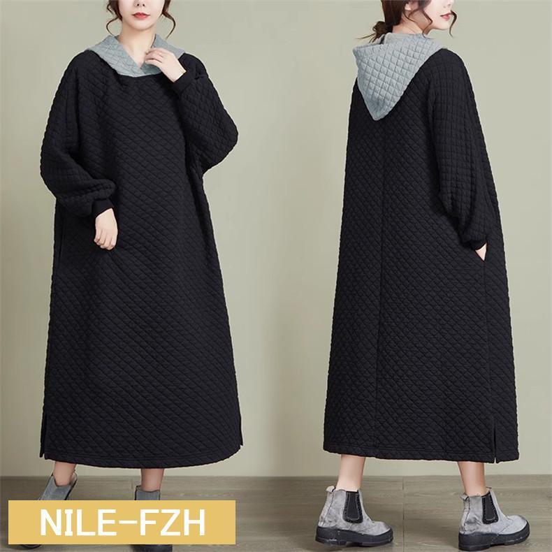 秋冬ワンピース 長袖 レディース ロングパーカー風 蓄熱保温 肌寒い今の時期にぴったり フード付き 切り替え 自然に体型カバー 大人カジュアルコーデに