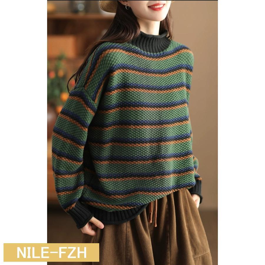 ニット レディース トップス セーター 秋冬 プルオーバー ボーダー 長袖 タートルネック 体型カバー 秋冬らしい配色もお洒落 暖かさも兼ね備えた1枚