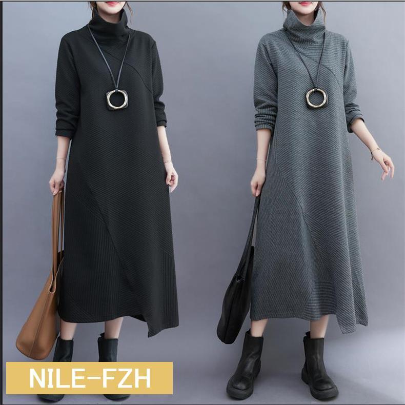 ハイネックワンピース ロングワンピース 長袖 体型カバー レディース 着痩せ 秋冬コーデ 不規則 大きいサイズ ゆったり 今っぽいオシャレ感が叶う