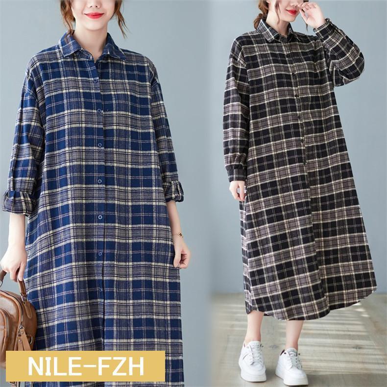 シャツワンピース ロングシャツ レディース 綿麻風 厚手 秋冬 チェック柄 自然に体型カバー 大きいサイ..