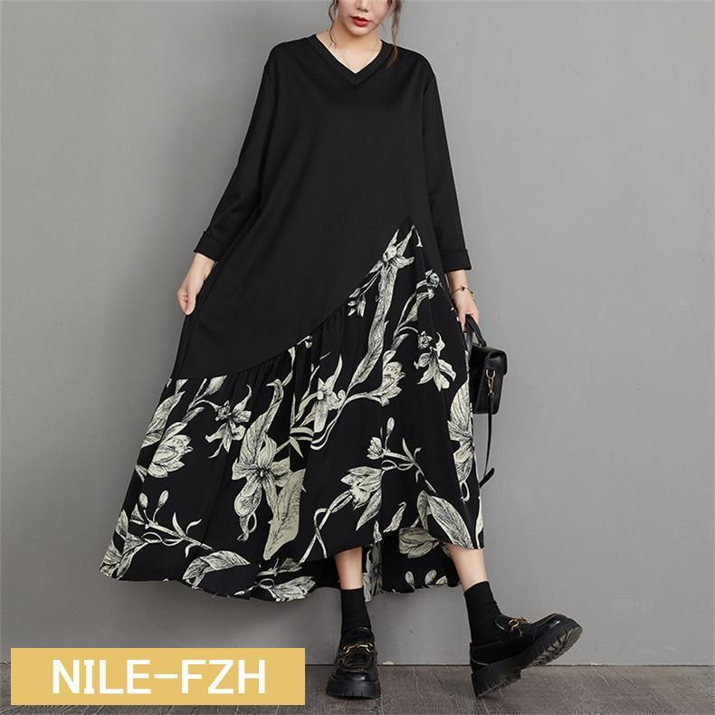 ワンピース レディース 大人 ロング丈 Vネック マキシワンピース オーバーサイズ 秋冬 お洒落 プリント 切り替え ストレスフリー 長袖 ビッグサイズ