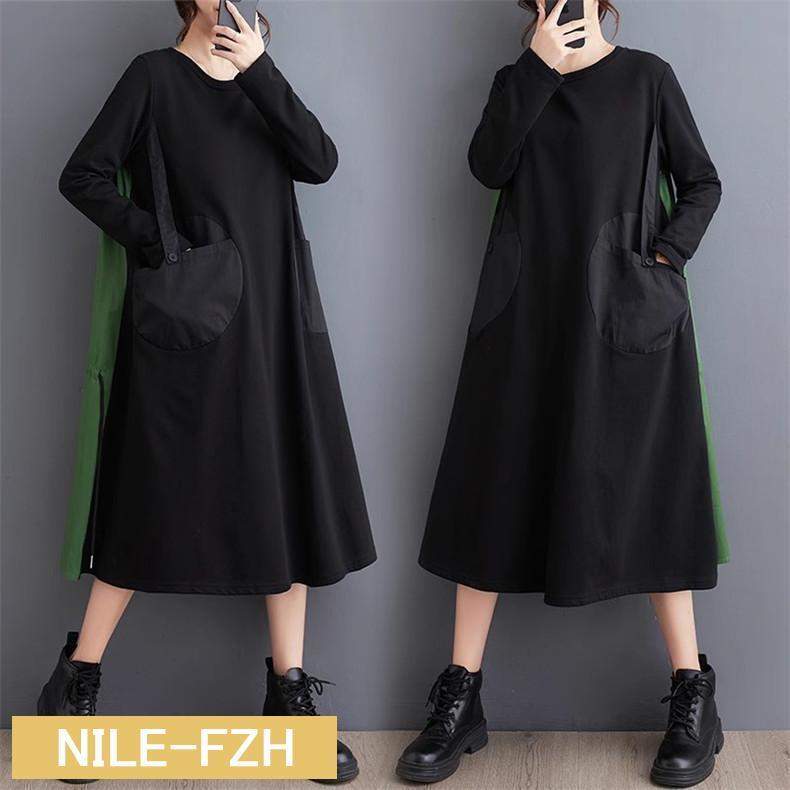 秋冬ワンピース レディース ロング丈 クルーネック 異素材 Aラインワンピース 大きいサイズ シャツワン..